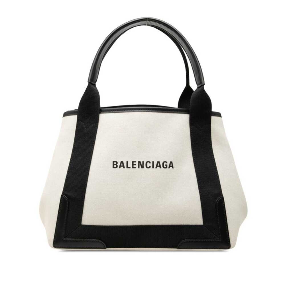 Balenciaga Navy Cabas S Tote Bag Handbag 339933 Ivory Black Canvas Leather Wo...